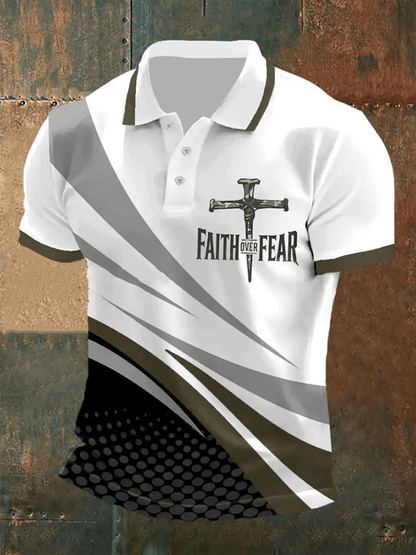 Men's Retro Faith “Faith Over Fear�? Casual Printed Polo Shirt