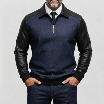 Men's Denim PU Leather Patchwork Long Sleeve Half Zip Sweatshirt