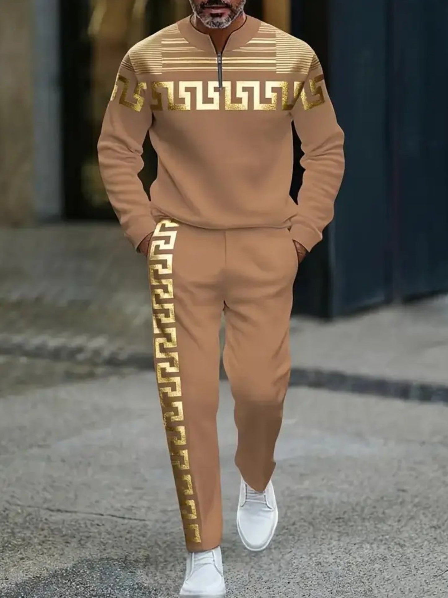 Men's Casual Orange Pink & Gold Color Matching Baroque Style Printed Round-Neck Zipper Long Sleeved Sweatshirt & Trousers Two-Piece Set