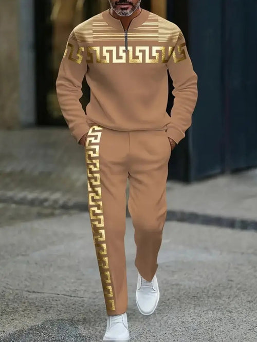 Men's Casual Orange Pink & Gold Color Matching Baroque Style Printed Round-Neck Zipper Long Sleeved Sweatshirt & Trousers Two-Piece Set