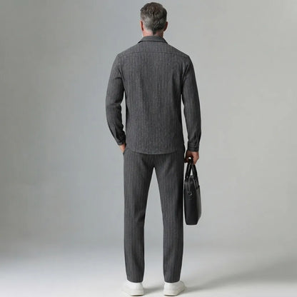 Men's Dark Gray Pinstripe Print Chest Pocket Button-Up Shirt & Suit Pants 2Pcs Set