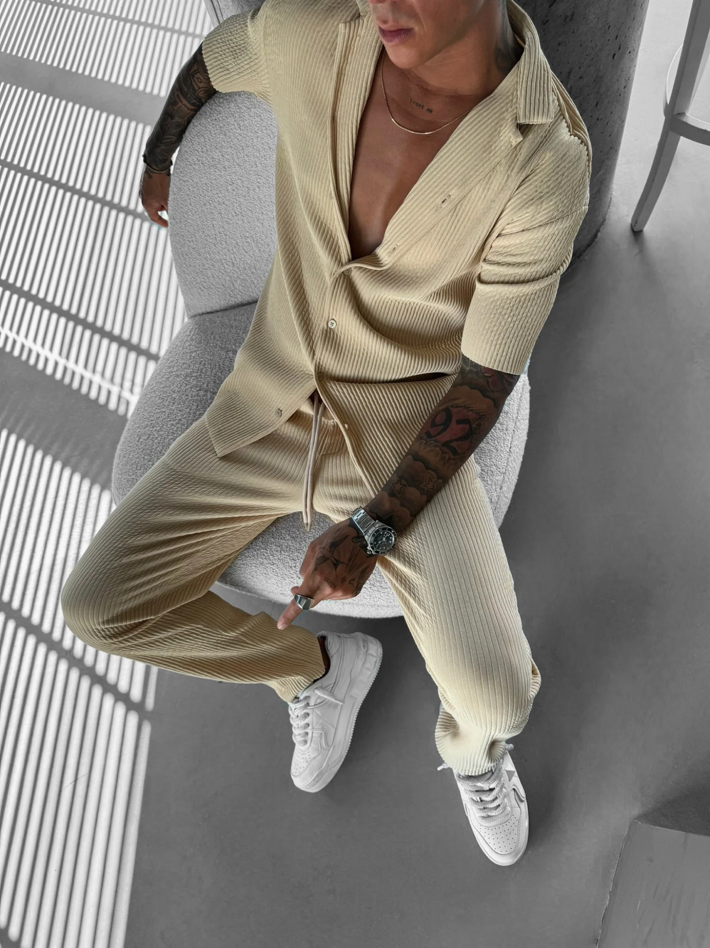 Men's Khaki Textured Short Sleeve Shirt Casual Two-piece Set