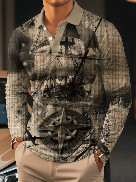 Men's Vintage Nautical Chart Print Long Sleeve Polo Shirt