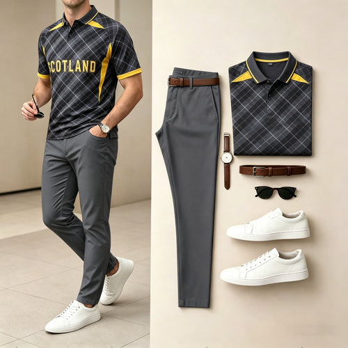 Men's Casual Dark Gray Letters Sporty Printed Polo Shirt And Pants Two-Piece Set