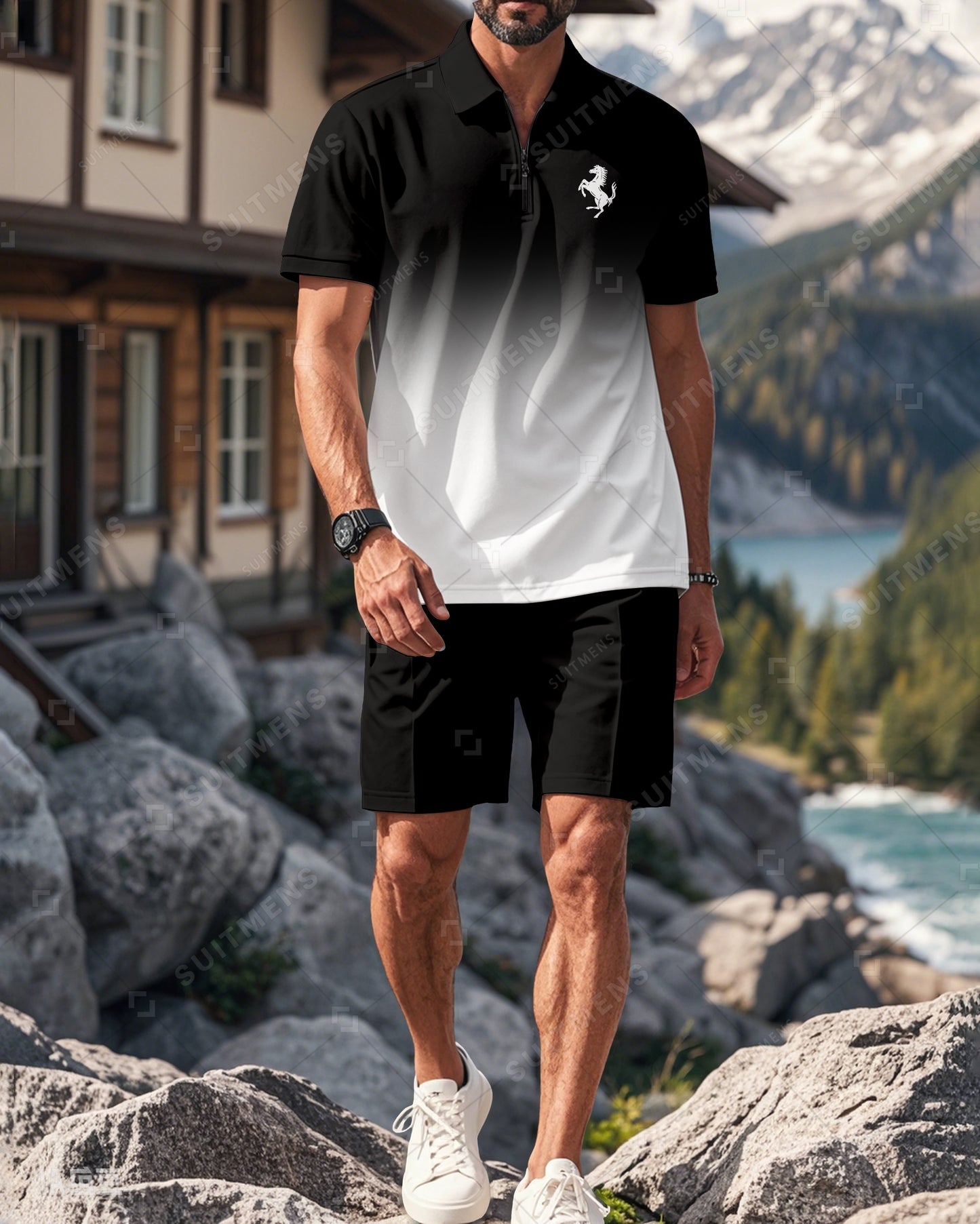 Men's Gradient Colorblock Summer Polo Short Sleeve Shorts Suit 03