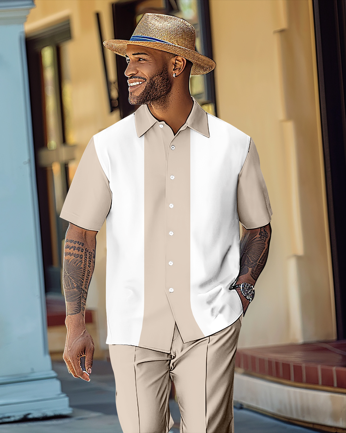 Men's Gorgeous Color Block Short Sleeve Shirt Walking Suit 1070