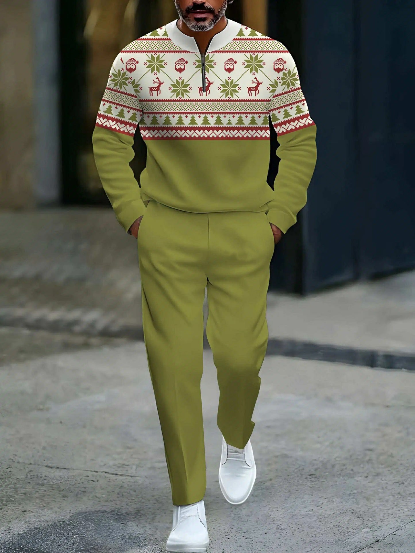 Men's Casual Green & Red Color Matching Christmas Printed Round-Neck Zipper Long Sleeved Sweatshirt & Trousers Two-Piece Set
