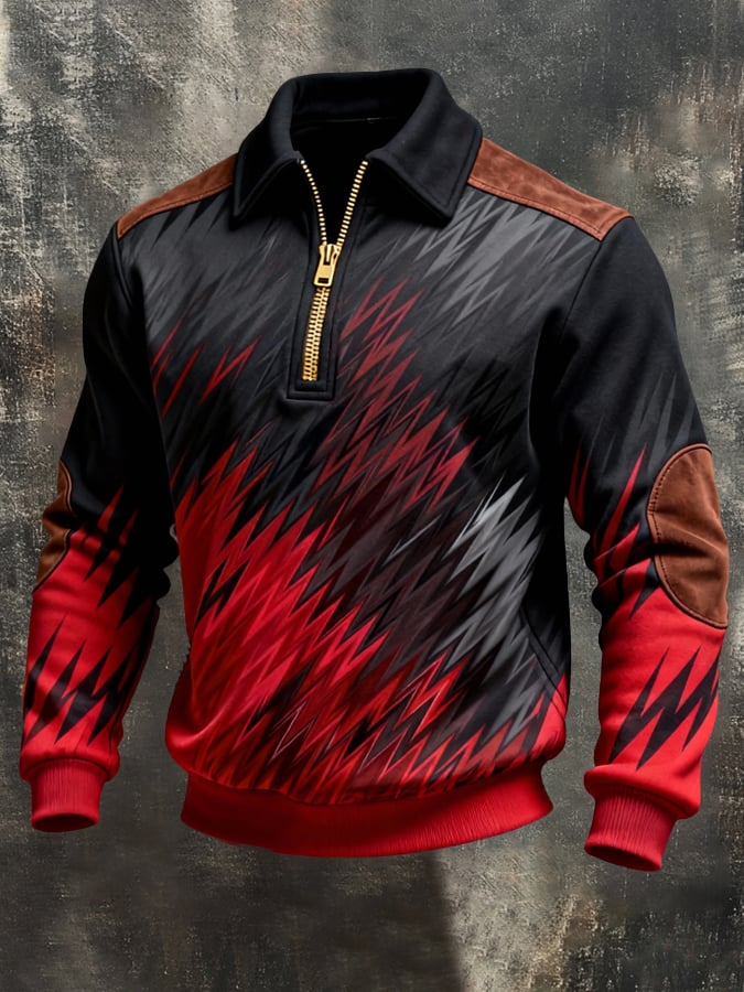 Men's Retro Color Block Print Color-Blocked Zip-Up Sweatshirt