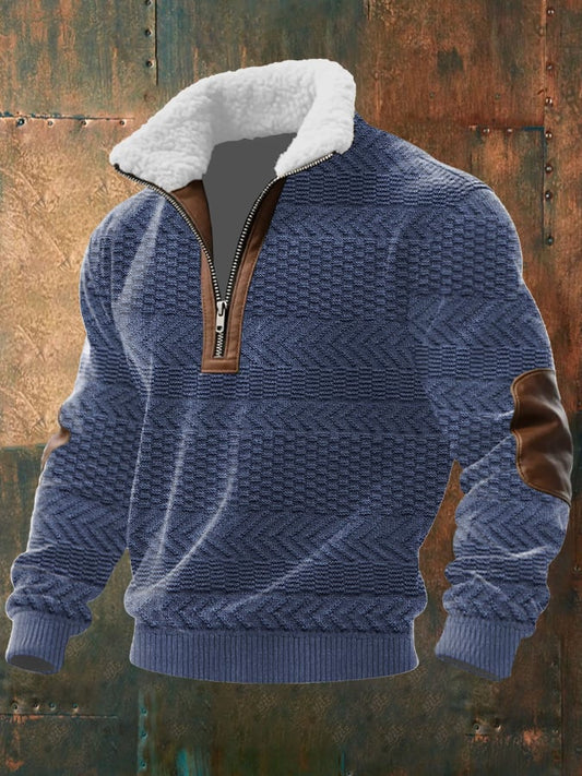 Men's Retro Western Texture Print Knit Fabric Zipper Fur Collar Long Sleeve Sweatshirt