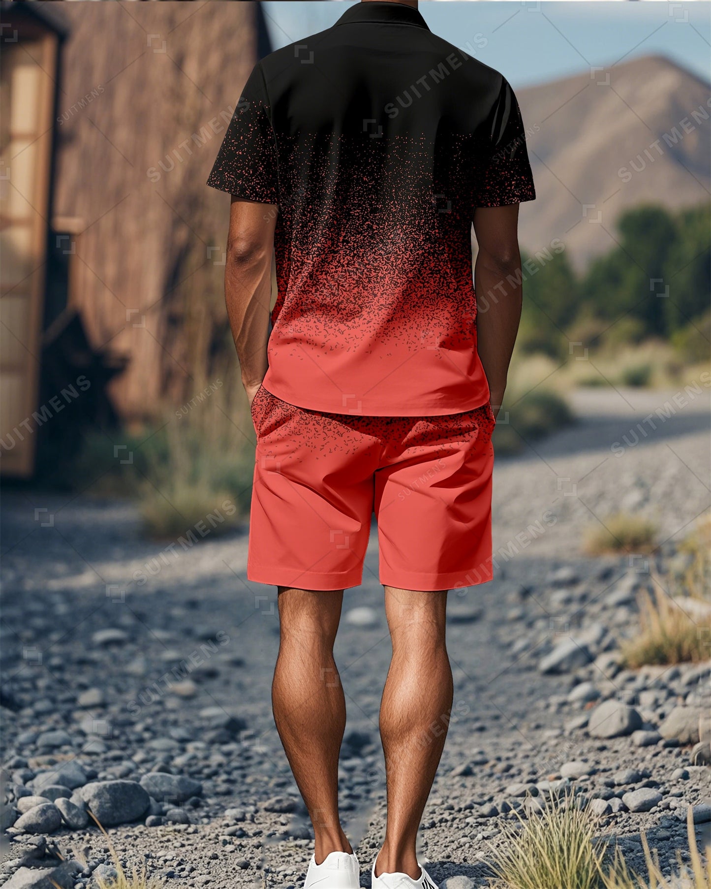 Men's Gradient Colorblock Summer Polo Short Sleeve Shorts Suit 01