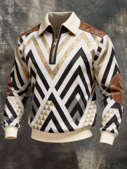 Men'S Fashionable Color-Block Printed Zip-Up Sweatshirt