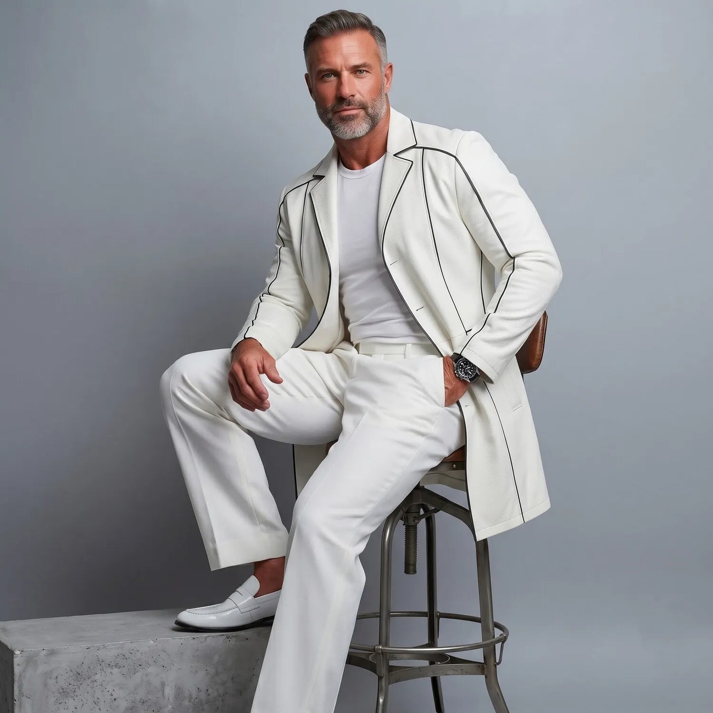 Men's White PU Leather Notched Lapel Contrast Piping Long Sleeve Mid‐Long Single Breasted Trench Coat