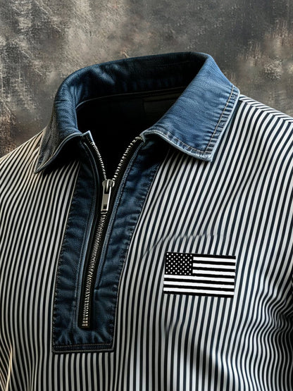 Men's Retro "Patriot" Color-Block Short-Sleeve Half-Zip Polo Shirt