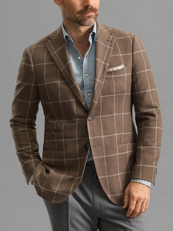 Men's Vintage Double-Breasted Plaid Gentleman's Business Suit Jacket