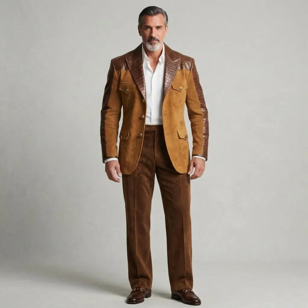 Men's Brown Suede Patchwork PU Leather Peak Lapel Single Pockets Breasted Slim Fit Blazer