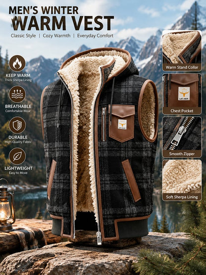 Men's Vintage Multi-Pocket Plaid-Panel Distressed Vest