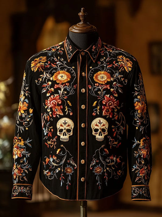 Men's Retro Casual Skull Print Long Sleeve Shirt