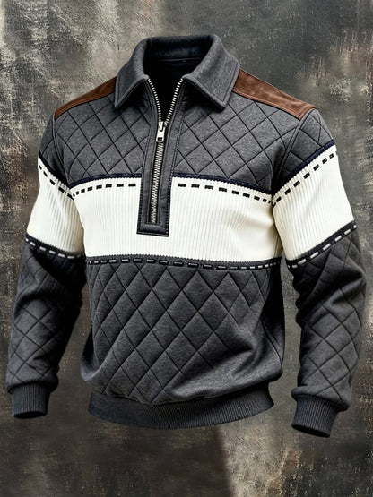 Men's Retro Color Block Print Color-Blocked Zip-Up Sweatshirt