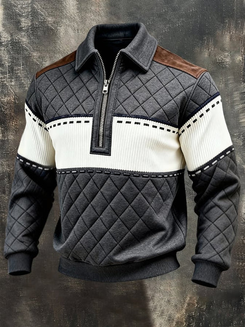 Men's Retro Color Block Print Color-Blocked Zip-Up Sweatshirt