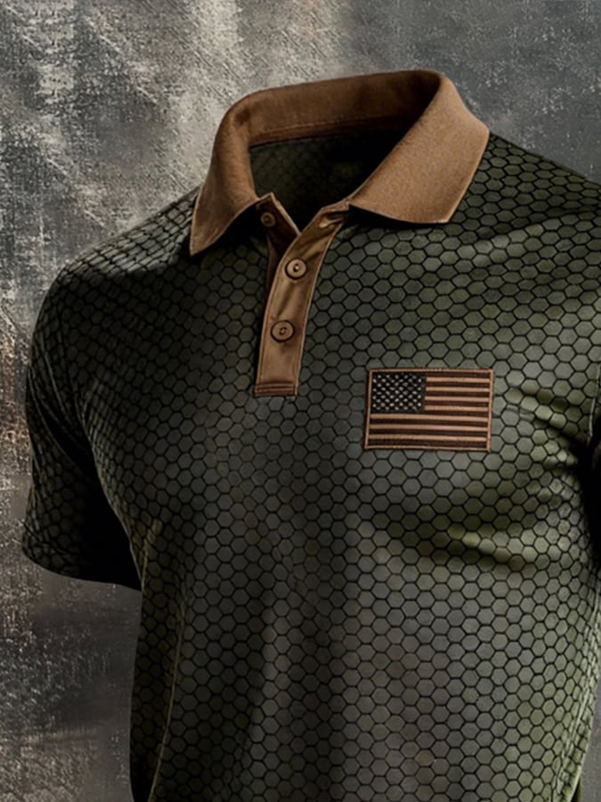Men's Retro Patriot Color Block Polo Collar Short Sleeve