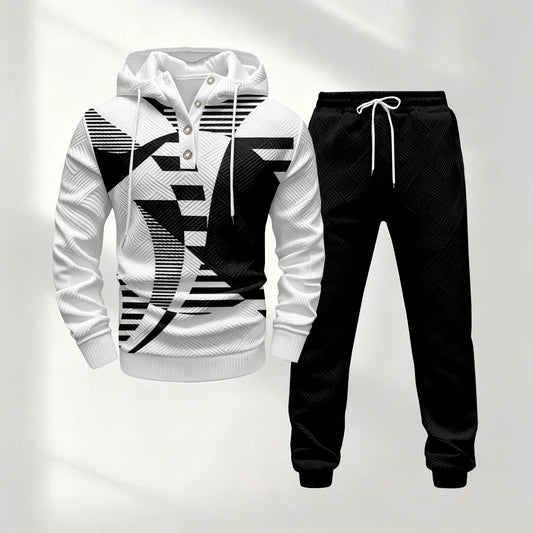 Men's Half-Button-Down Hooded Long-Sleeve Top and Pants Set