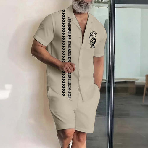 Men's Hawaii Vacation Printed Lapel Collar Short-Sleeved Two-Piece Set