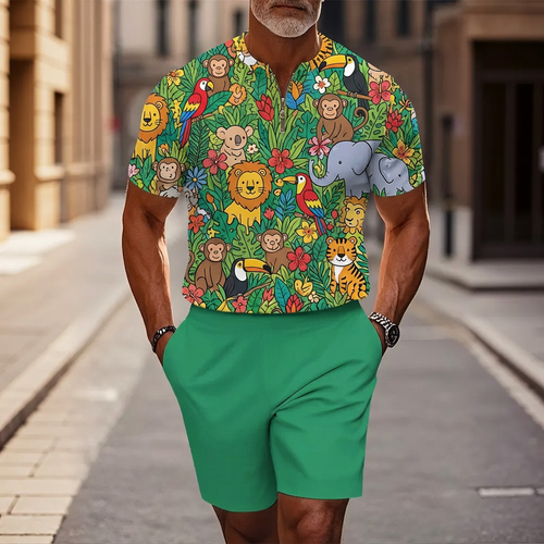 Men's Casual Green Animals Printed Half-Zip Short-Sleeve T-Shirt And Shorts Two-Piece Set