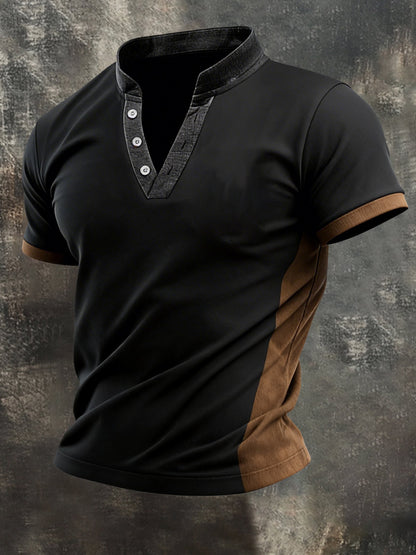 Men's Retro Contrast Color Splicing V-Neck Short Sleeve T-Shirt