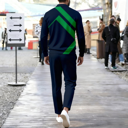 Men's Casual Color Matching Printed Polo-Collar Zipper Long Sleeved Trousers Two-Piece Set