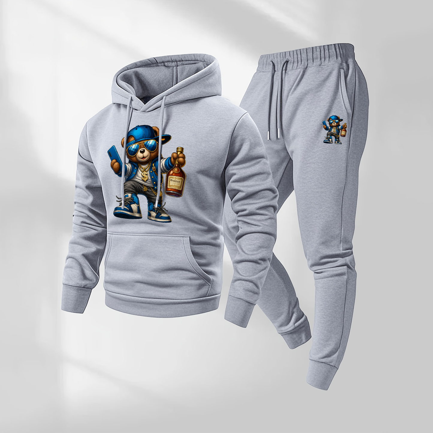 Men's Cartoon Bear Patterned Hoodie And Drawstring Track Pants Set, Men's Casual Athletic Long-Sleeved Hooded Jacket And Pants, Suitable For Fall And Winter, Street Style Hoodie Set, Men's Everyday Wear, Indoor And Outdoor Sportswear,