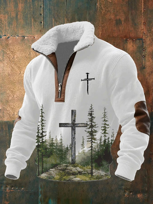 Men's Faith Print Knitted Fabric Zipper Fur Collar Long-Sleeved Sweatshirt