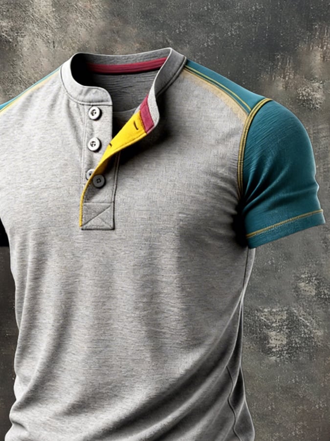 Men's Retro Patchwork Color Block Henley Collar Short-Sleeve Top