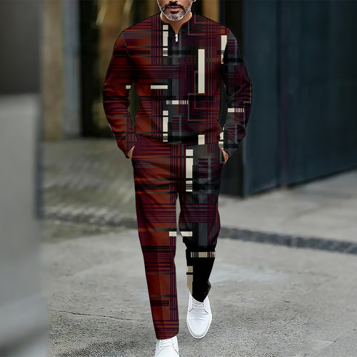 Men's Casual Color Matching Printed Round-Neck Zipper Long Sleeved Trousers Two-Piece Set