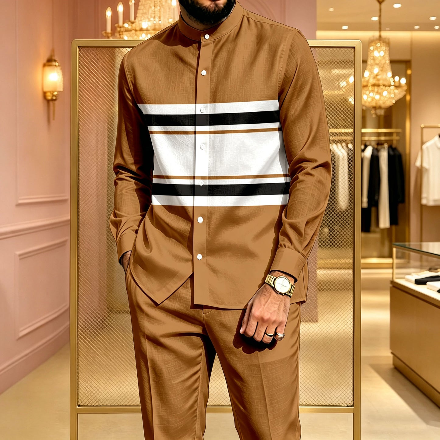 Men's Casual Two-Piece Set: Color-Blocked Printed Stand-Collar Long-Sleeve Shirt and Pants
