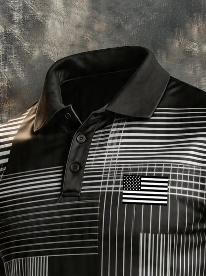 Men's Retro Patriotic Color-Block Short-Sleeve Polo Shirt