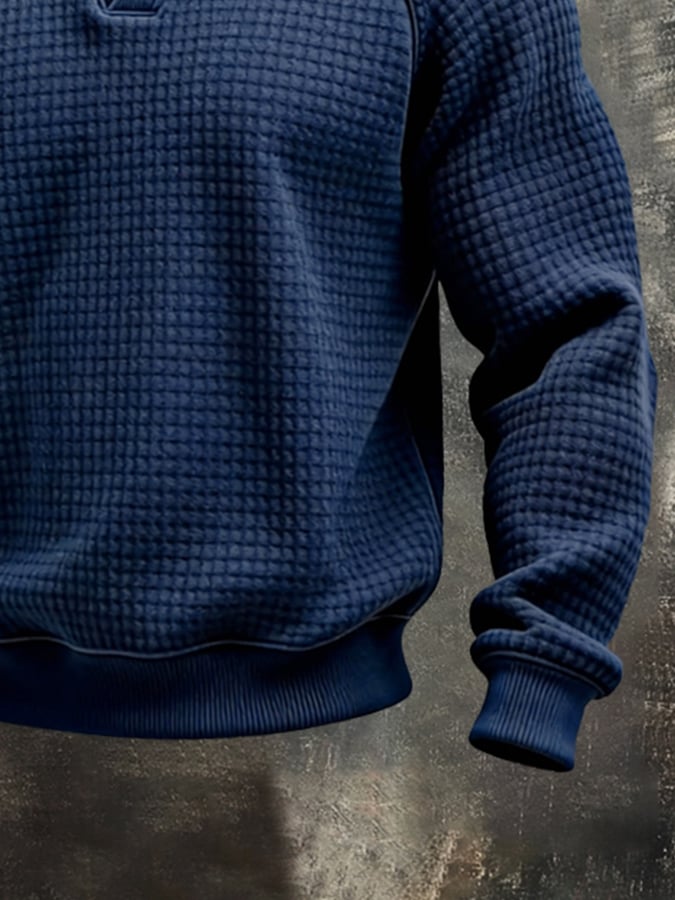 Men'S Vintage Waffle-Knit Color-Block Faux Two-Piece Long-Sleeved Sweatshirt