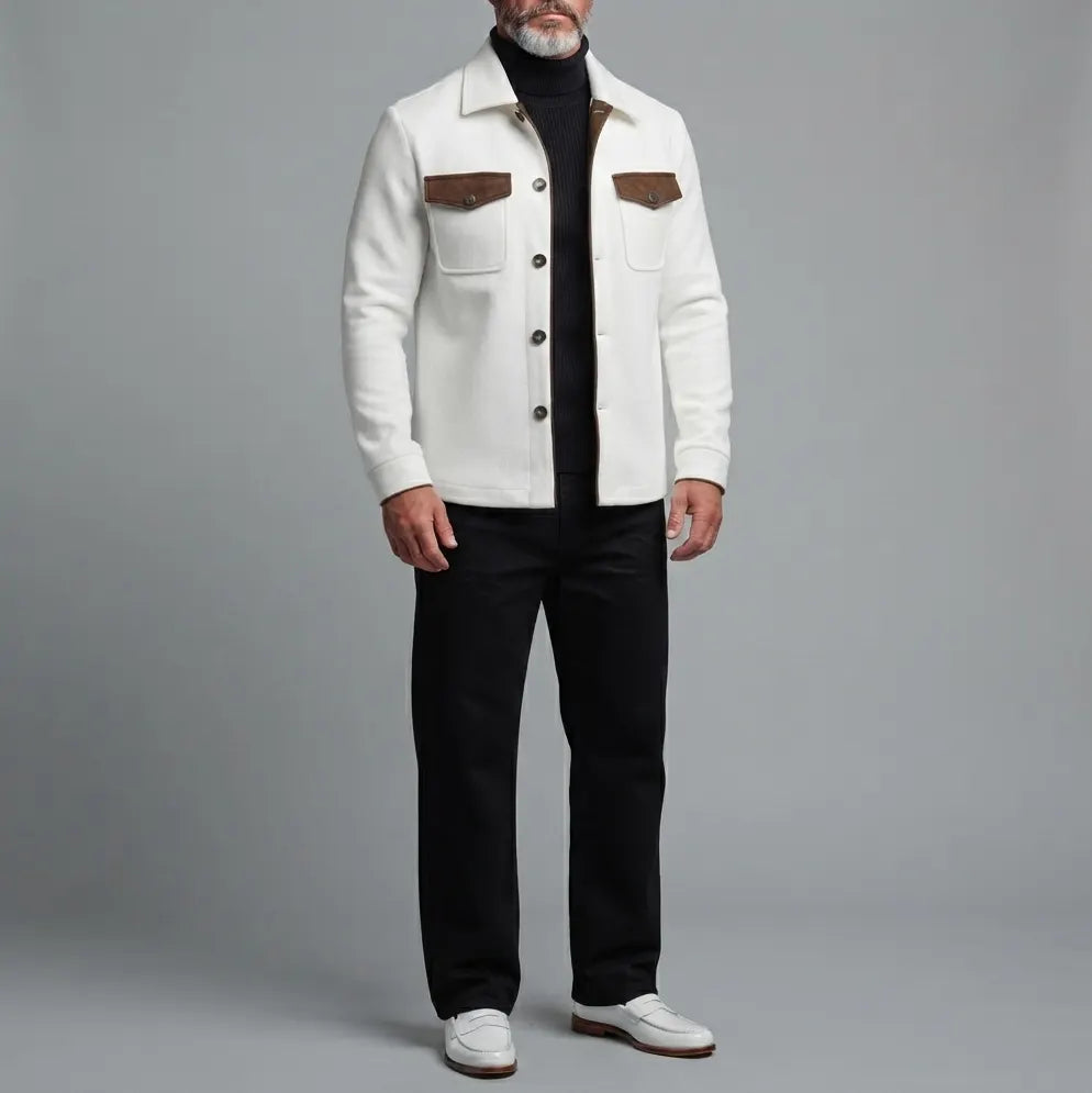 Men's White Contrast Flap Pockets Turndown Collar Single Breasted Slim Jacket