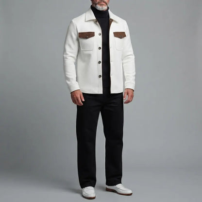 Men's White Contrast Flap Pockets Turndown Collar Single Breasted Slim Jacket