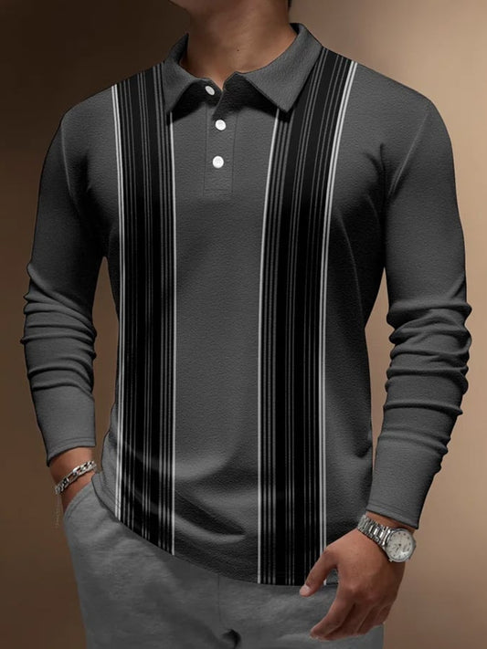Men's Geometric Striped Print Button Casual Polo Shirt