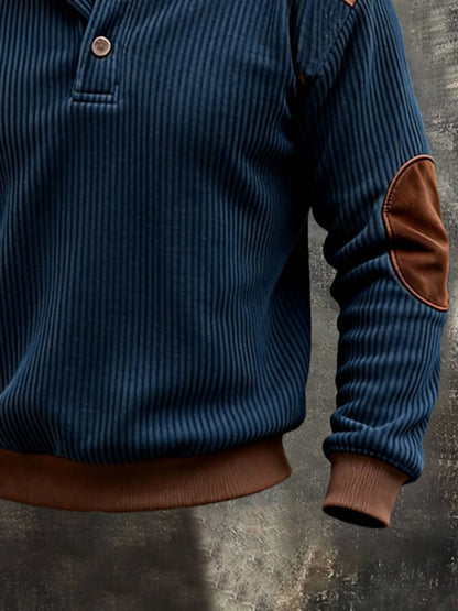Men'S Vintage Corduroy Patchwork Color-Block Henley Neck Long-Sleeved Sweatshirt