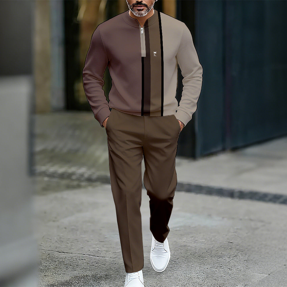 Men's Casual Color Matching Printed Round-Neck Zipper Long Sleeved Trousers Two-Piece Set