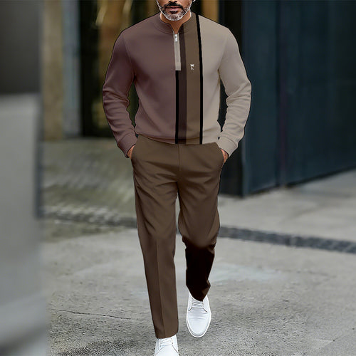Men's Casual Color Matching Printed Round-Neck Zipper Long Sleeved Trousers Two-Piece Set