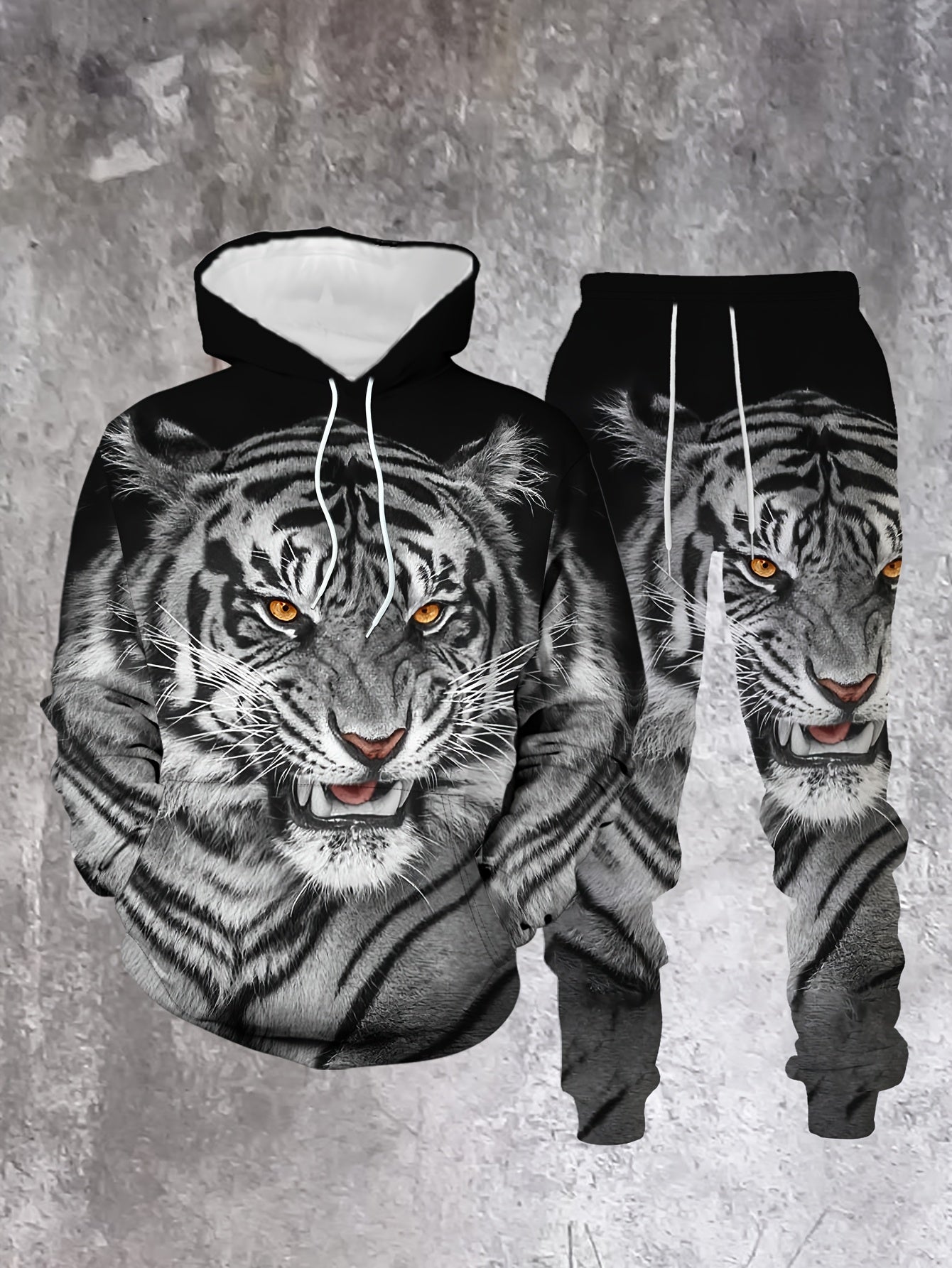Men's Casual Color "Tiger" Printed Hoodies Long Sleeved Sweatshirts & Sweatpants Two-Piece Set