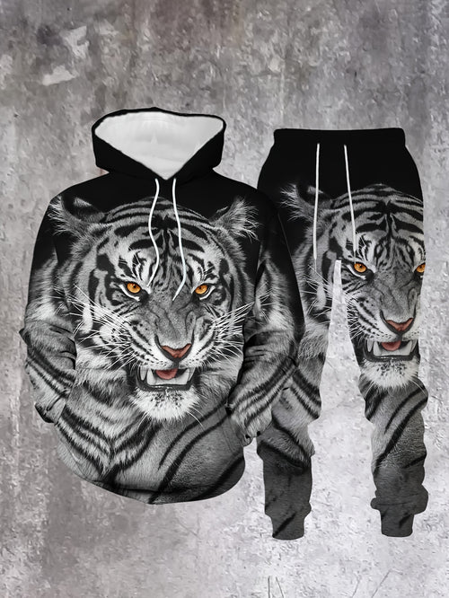 Men's Casual Color "Tiger" Printed Hoodies Long Sleeved Sweatshirts & Sweatpants Two-Piece Set