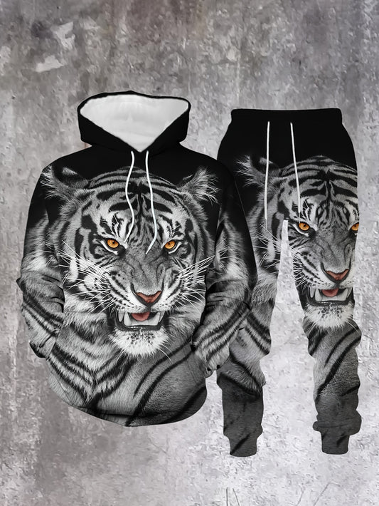 Men's Casual Color "Tiger" Printed Hoodies Long Sleeved Sweatshirts & Sweatpants Two-Piece Set