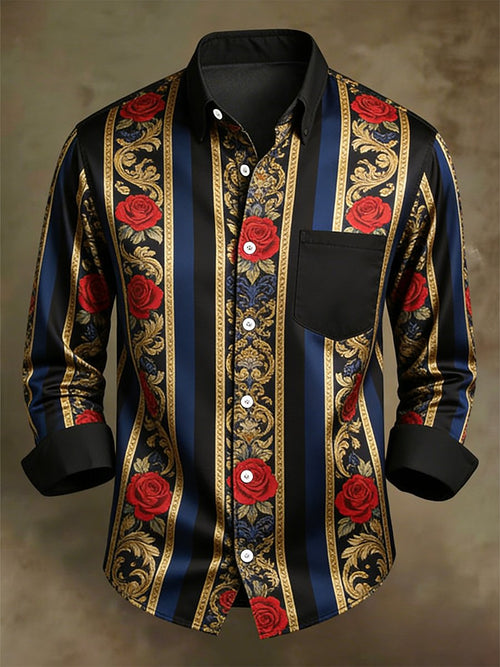 Men's Retro Business Casual Baroque Rose Striped Long-Sleeved Shirt