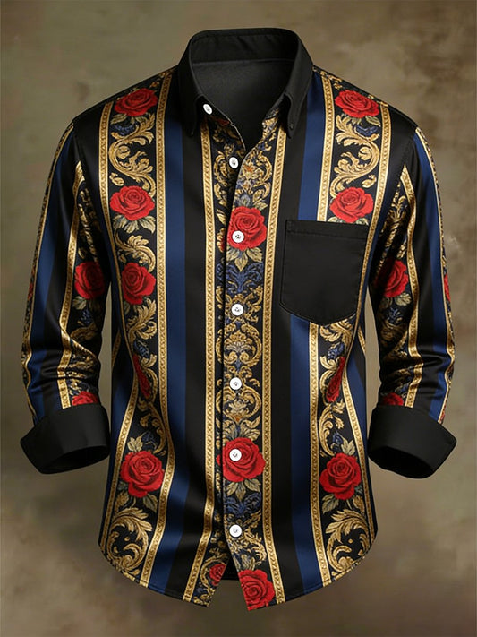 Men's Retro Business Casual Baroque Rose Striped Long-Sleeved Shirt