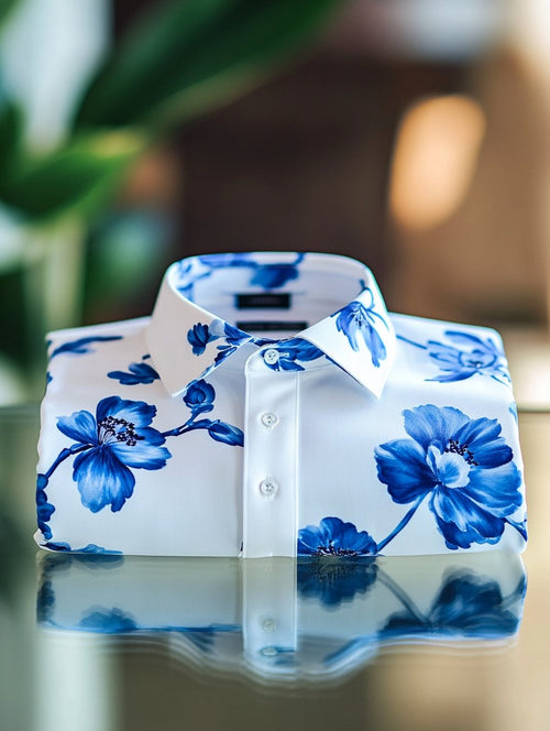 Men's Business Casual Camellia Floral Lapel Short Sleeve Shirt