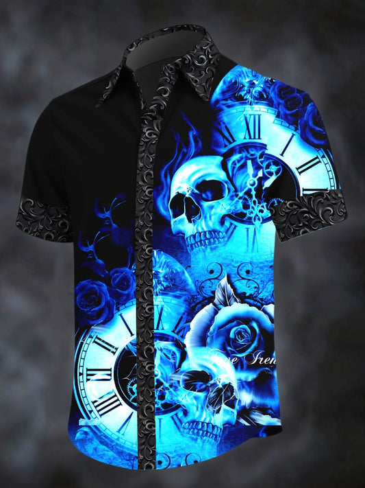 Men's Dark Skull Print Casual Short Sleeve Shirt