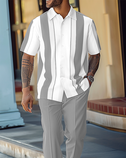 Men's Textured Short Sleeve Printed Two-Piece Walking Pants Set 063